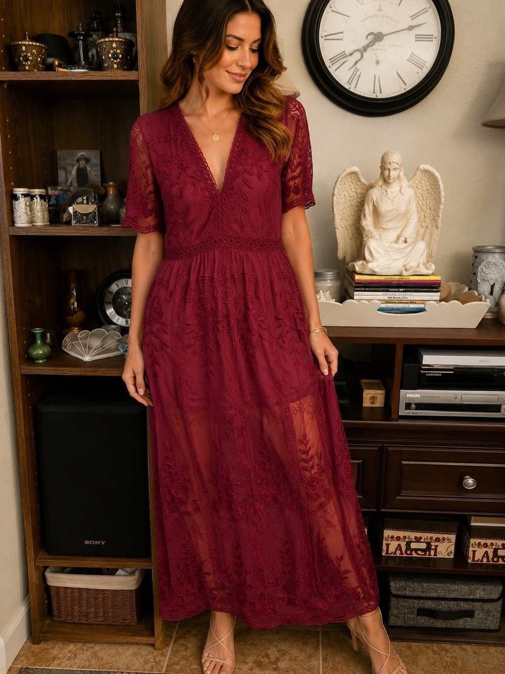Eleter Burgundy Lace Embroidered Maxi Dress Sheer Mesh Bohemian Romantic Size S
